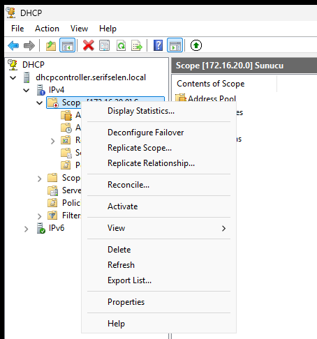 Scope üzerine sağ tıklayıp Deconfigure Failover seçeneği